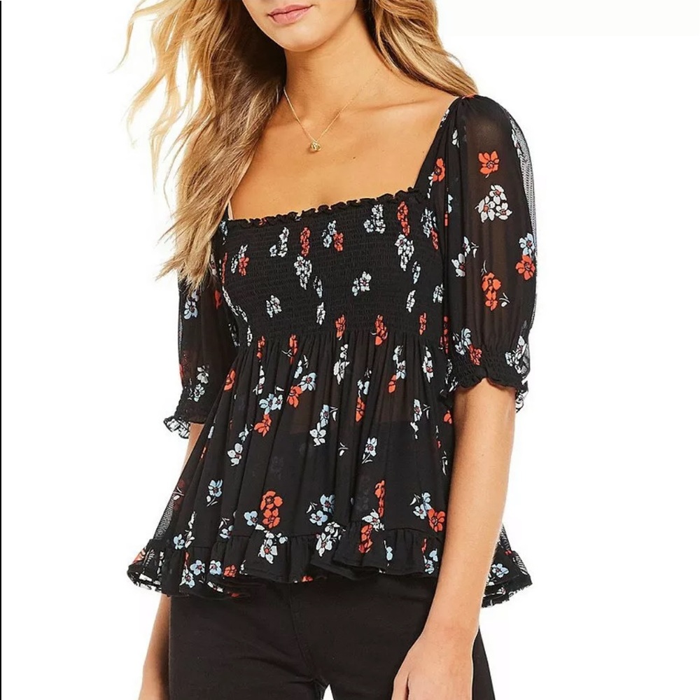 FREE PEOPLE | Delta Dawn Black Floral Blouse Large